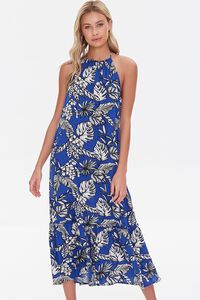BLUE/CREAM Tropical Leaf Print Halter Dress, image 1