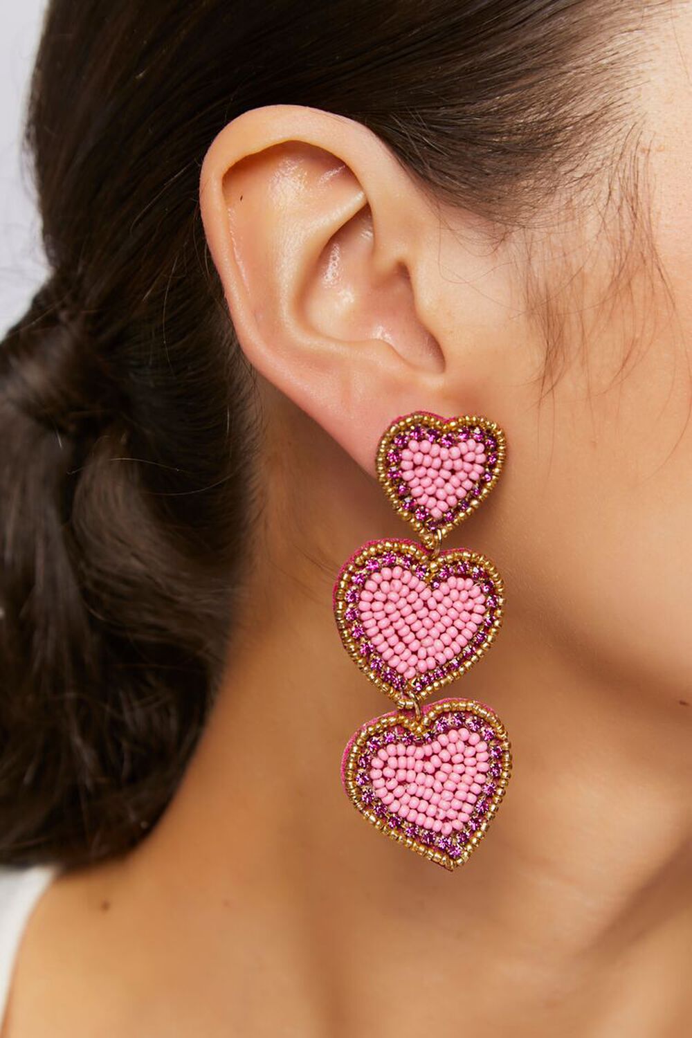 PINK Beaded Heart Drop Earrings, image 1