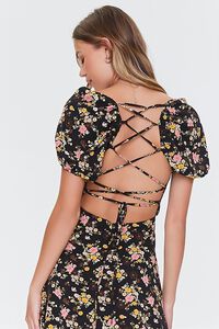 BLACK/MULTI Floral Print Lace-Back Satin Dress, image 5