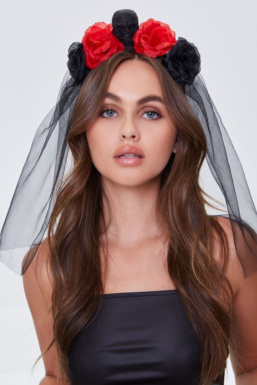 BLACK/RED Gothic Floral Veil Headband, image 1