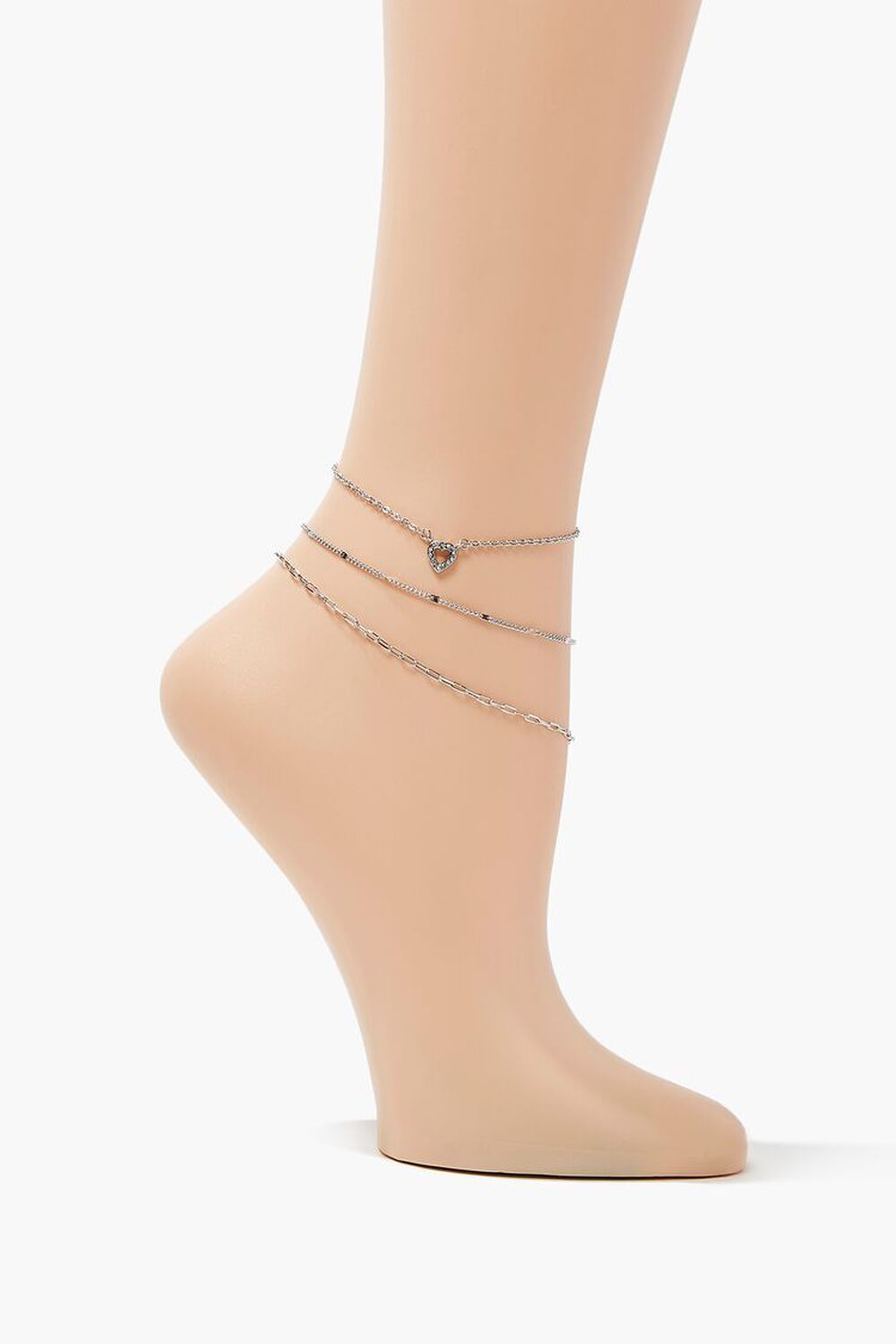 SILVER/CLEAR Heart Charm Chain Anklet Set, image 1