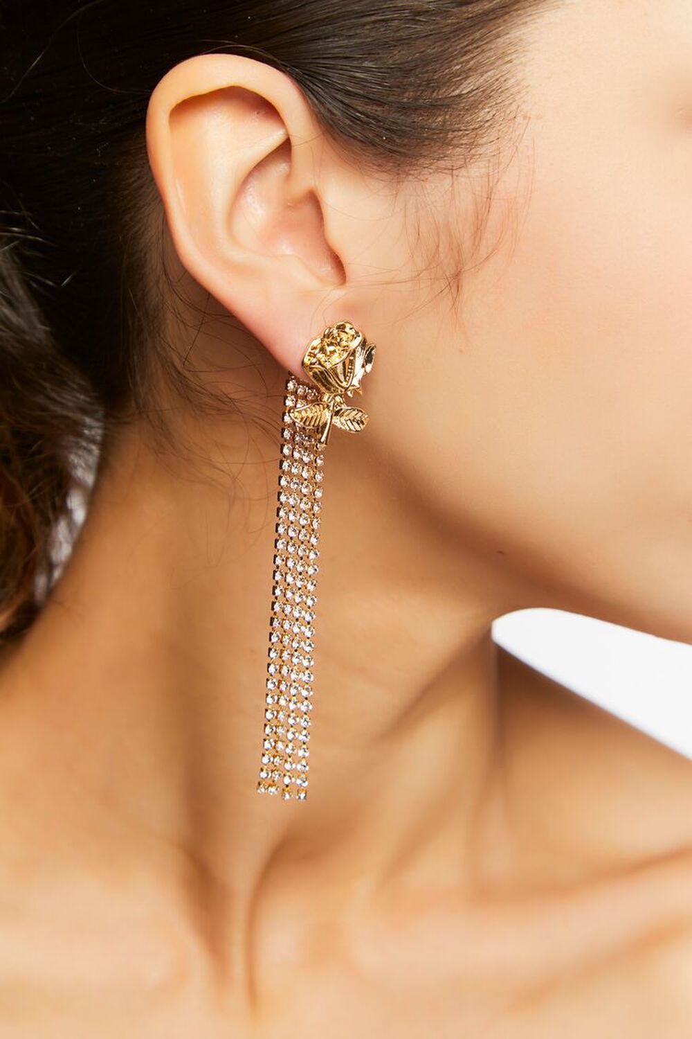 GOLD/CLEAR Rhinestone Rose Duster Earrings, image 1