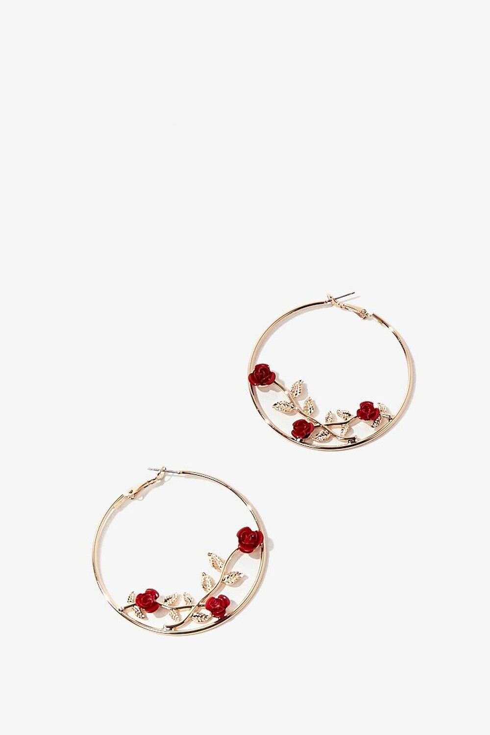 GOLD/RED Rose Hoop Earrings, image 1