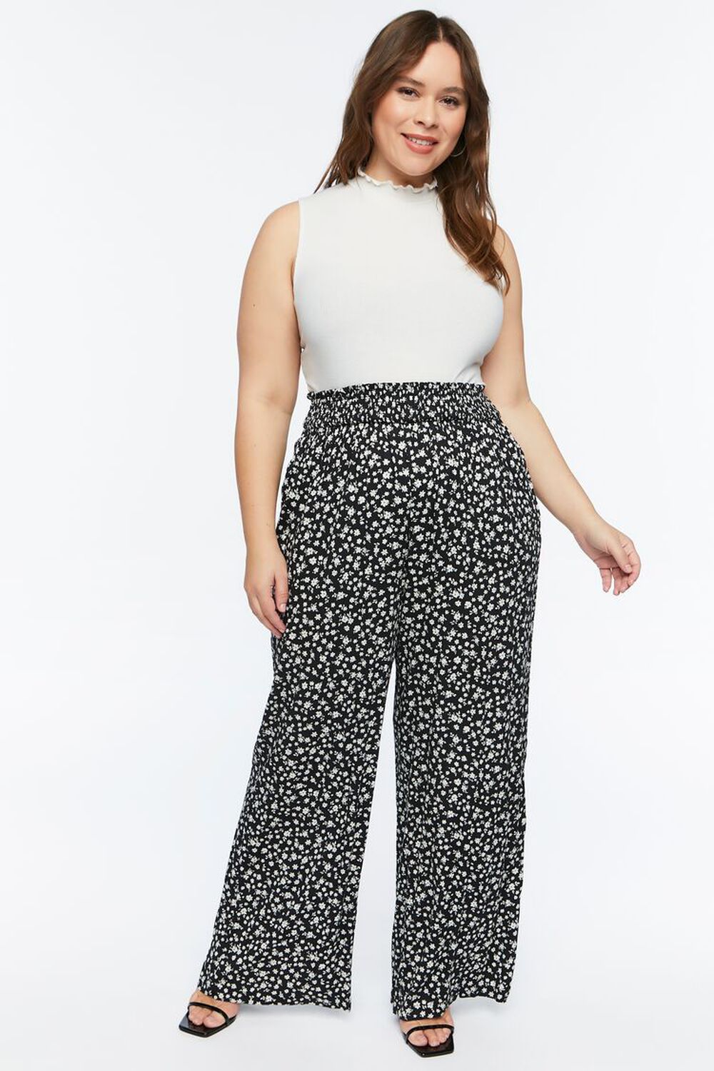 Plus Size Ditsy Floral Smocked Wide-Leg Pants