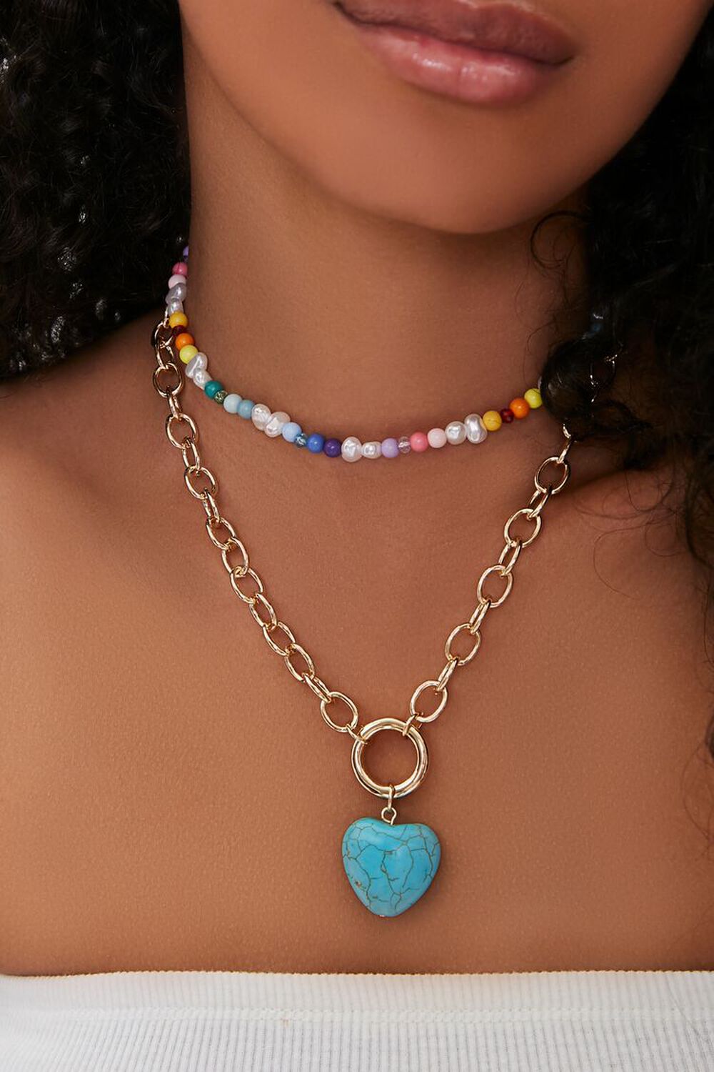 GOLD/MULTI Faux Turquoise Heart Charm Beaded Necklace, image 1