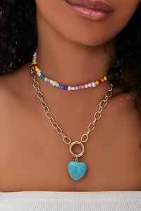 GOLD/MULTI Faux Turquoise Heart Charm Beaded Necklace, image 1
