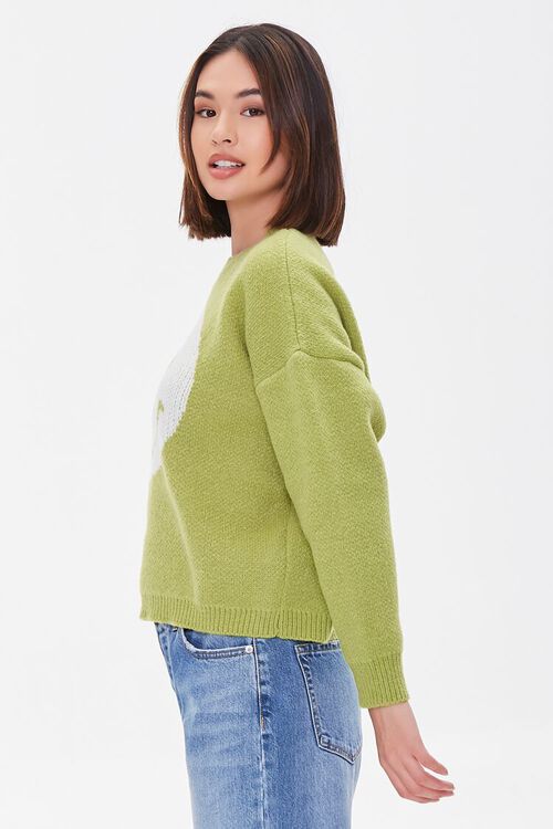 AVOCADO/WHITE Happy Face Drop-Sleeve Sweater, image 2