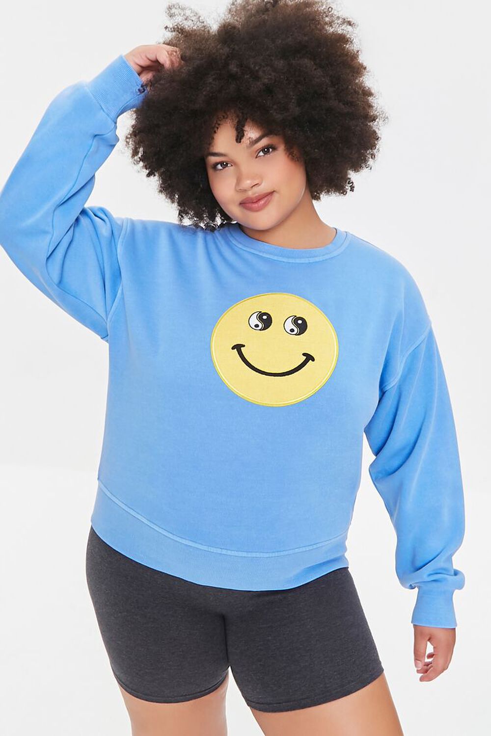 BLUE/YELLOW Plus Size Yin Yang Happy Face Pullover, image 1