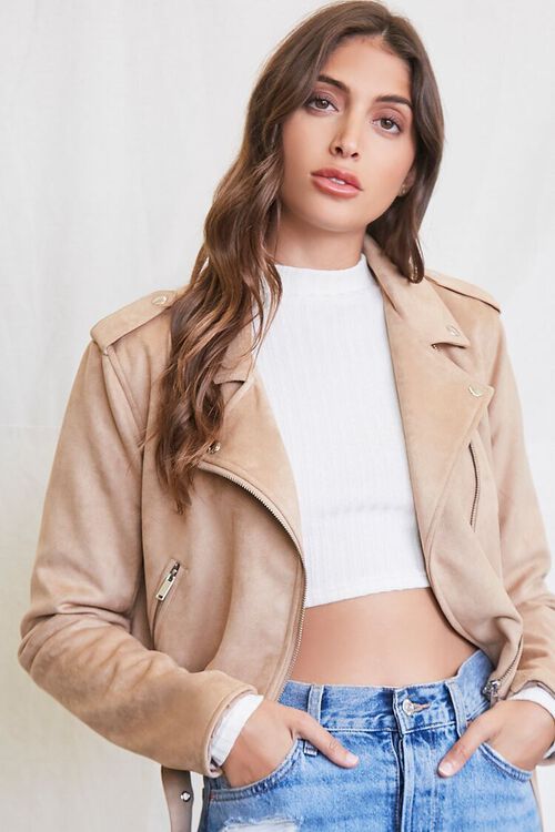 TAUPE Faux Suede Moto Jacket, image 1