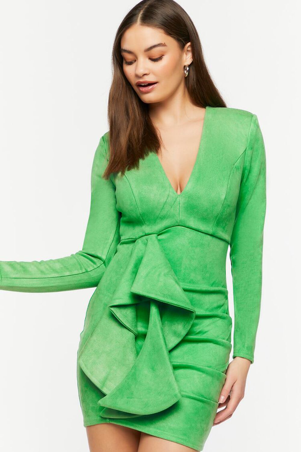 GREEN Faux Suede Godet Mini Dress, image 1
