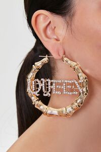 GOLD/CLEAR Queen Pendant Bamboo Hoop Earrings, image 1