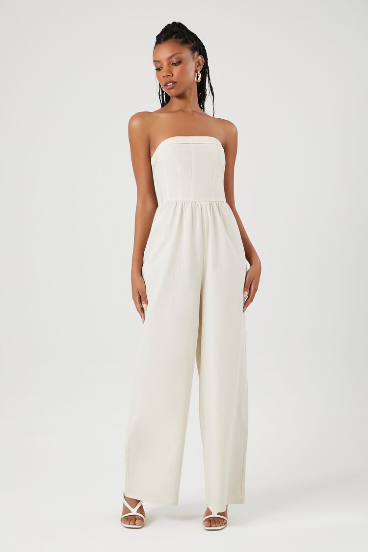 Off White Ruffle Strapless Wide Leg Jumpsuit | Lime Lush