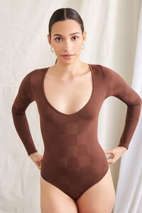 BROWN Checkered Long-Sleeve Bodysuit, image 5