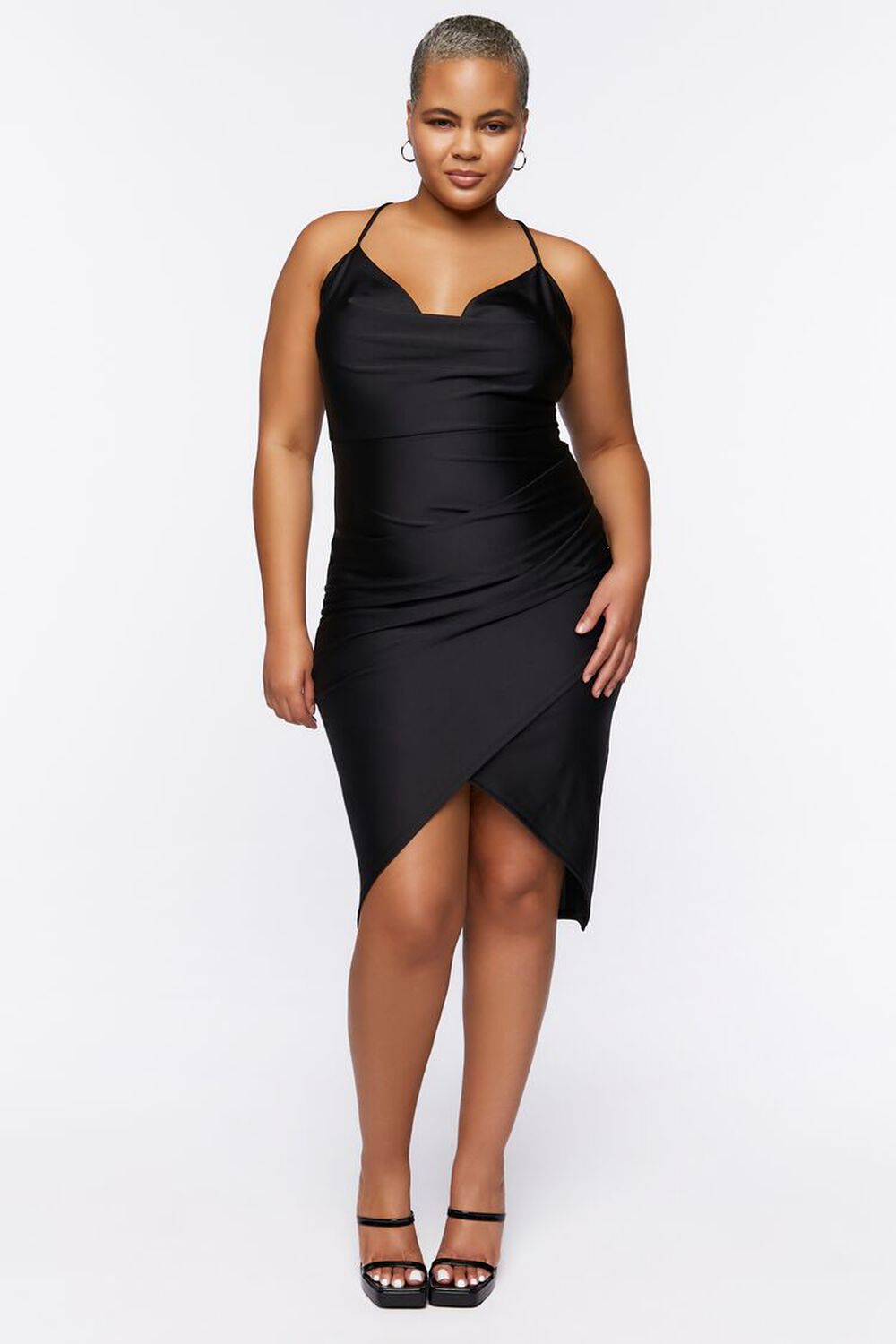 BLACK Plus Size Satin Tulip-Hem Midi Dress, image 1
