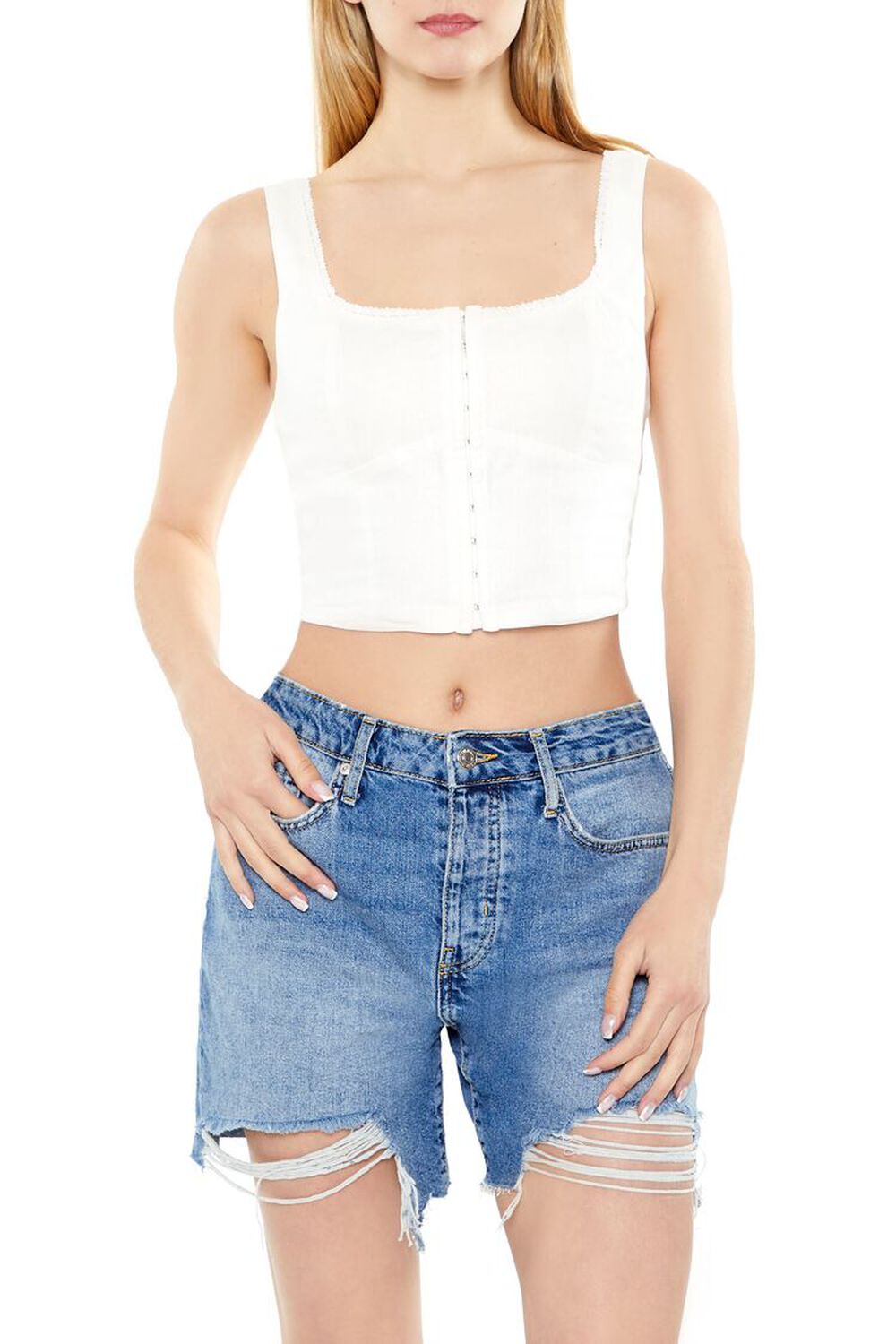 Forever 21 Women's Lace-Trim Hook-and-Eye Crop Top in White, XS | Textured | 57% Linen, 43% Rayon | F21