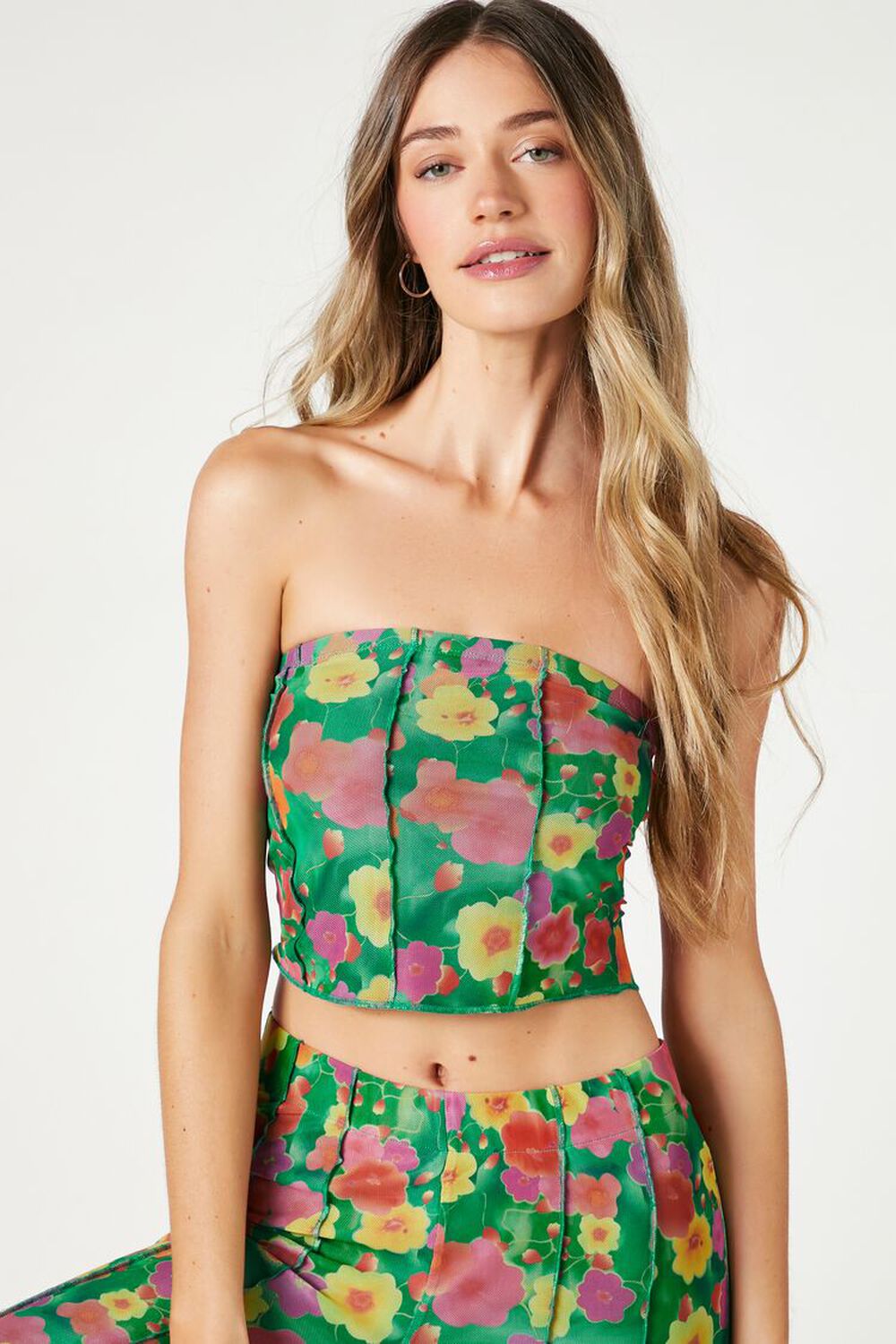 Mesh Floral Print Cropped Tube Top