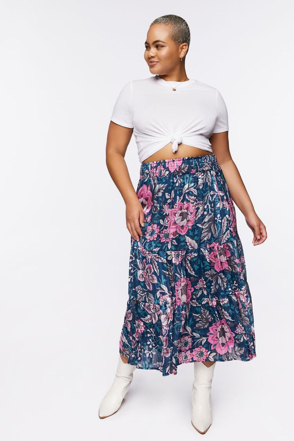 BLUE/MULTI Plus Size Floral Print Tiered Maxi Skirt, image 1