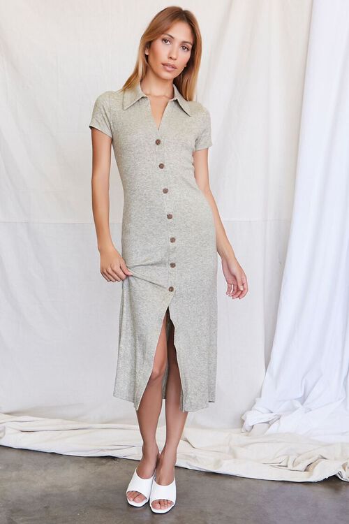 LIGHT OLIVE Heathered Button-Front Shirt Dress, image 4