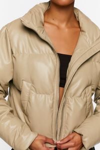 TAUPE Faux Leather Drawstring Puffer Jacket, image 5