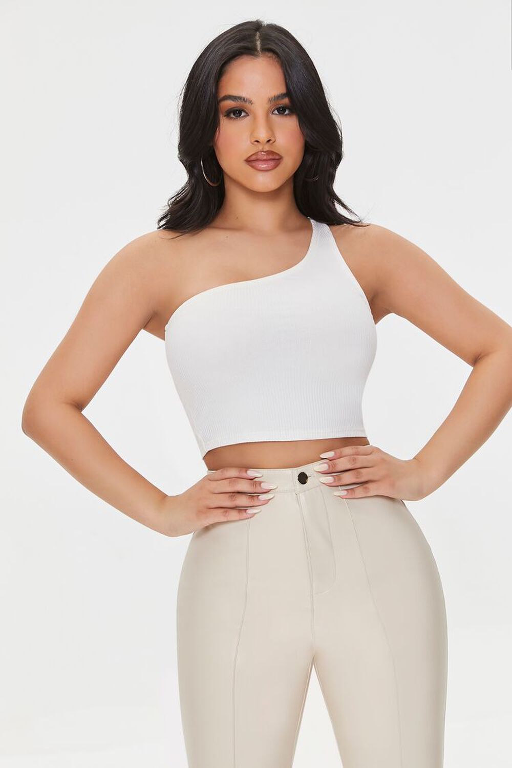 WHITE Ribbed One-Shoulder Crop Top, image 1