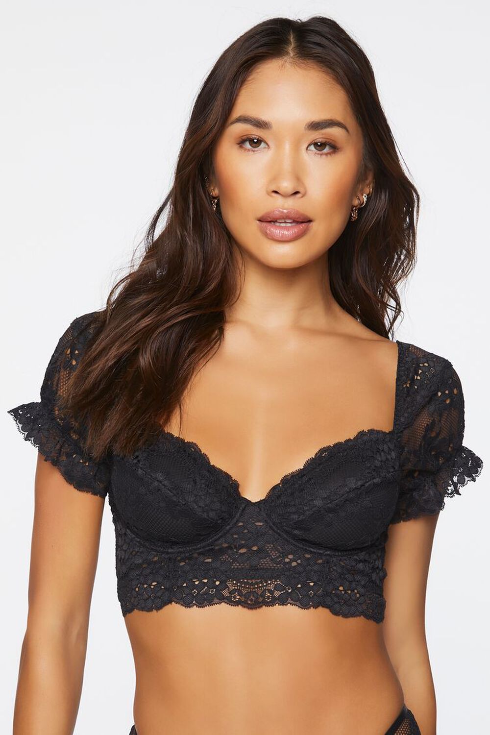 BLACK Floral Lace Puff-Sleeve Underwire Bra, image 1