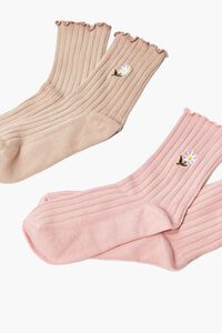 PINK/TAN Floral Embroidered Graphic Crew Socks - 2 pack, image 1