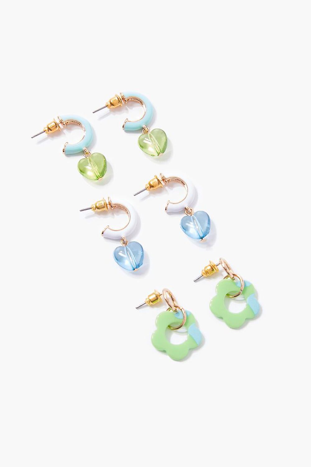 BLUE/GREEN Heart & Flower Drop Earring Set, image 1