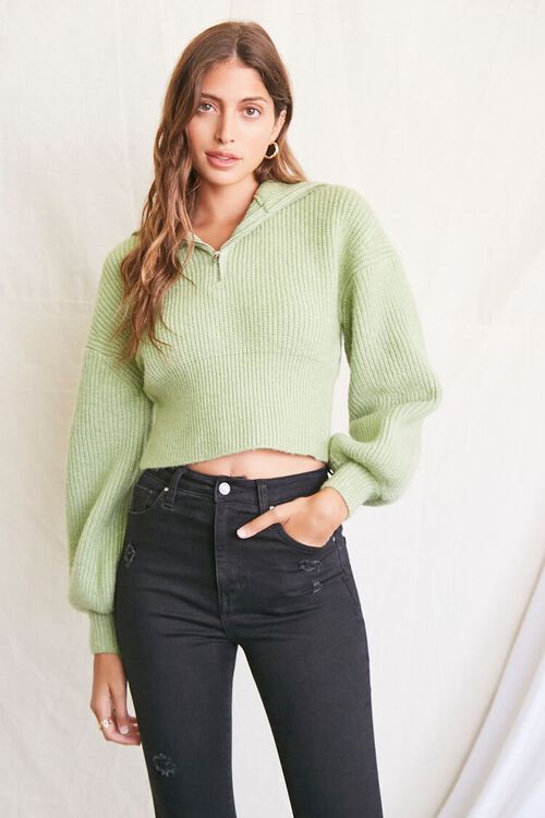 GREEN Ribbed Knit Half-Zip Sweater, image 1