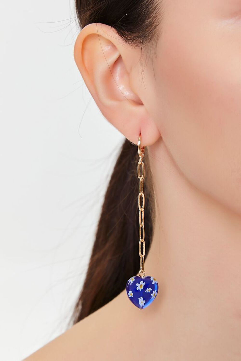 BLUE Flower Print Heart Drop Earrings, image 1