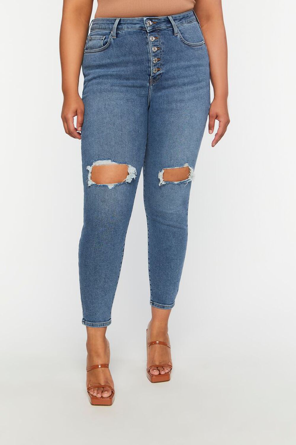 MEDIUM DENIM Plus Size Distressed High-Rise Skinny Jeans, image 1