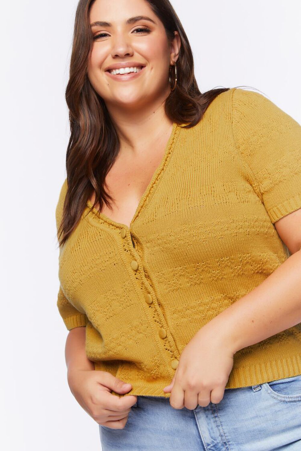 MATTE GOLD Plus Size Cable-Knit Cardigan Sweater, image 1