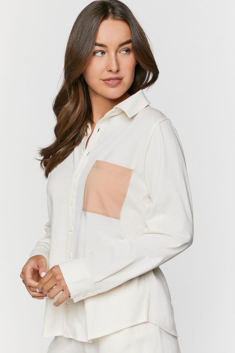 TAN/WHITE Colorblock Patch-Pocket Pajama Shirt, image 2