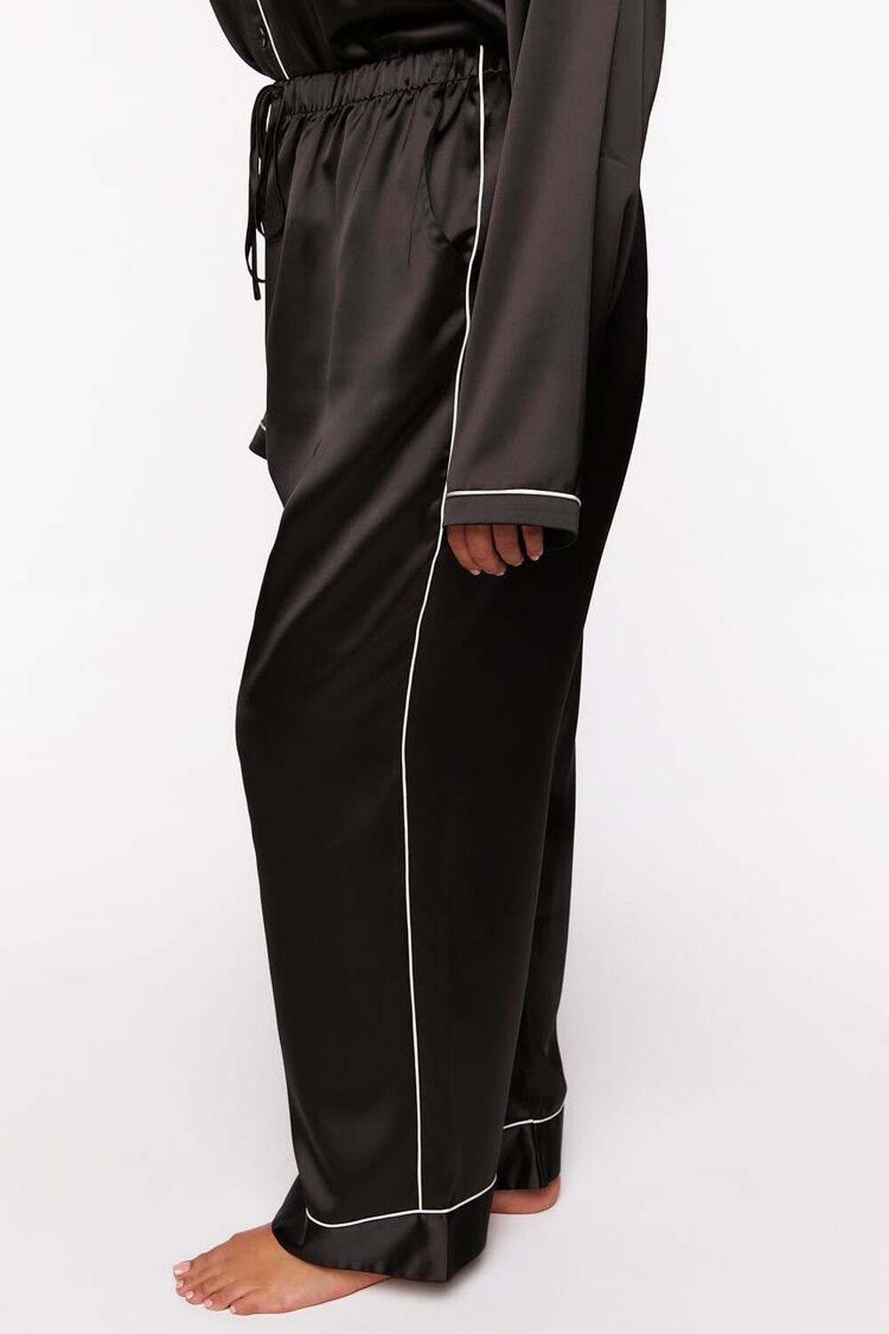BLACK/WHITE Plus Size Satin Piped-Trim Pajama Pants, image 3