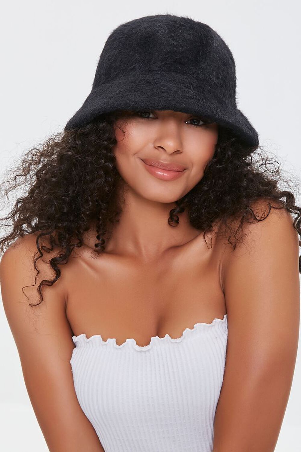 BLACK Fuzzy Knit Bucket Hat, image 1