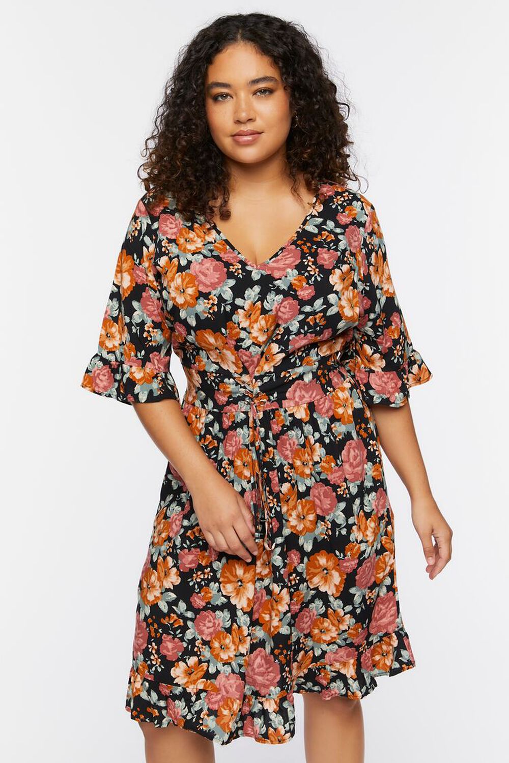 BLACK/MULTI Plus Size Floral Print Mini Dress, image 1