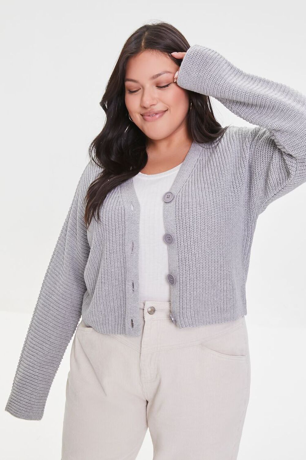 HEATHER GREY Plus Size Ribbed Cardigan Sweater, image 1