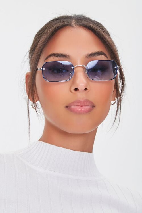 SILVER/BLUE Oval Tinted Sunglasses, image 1