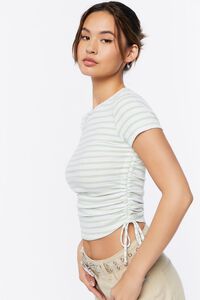 GREEN/CREAM Striped Ruched Cropped Tee, image 2