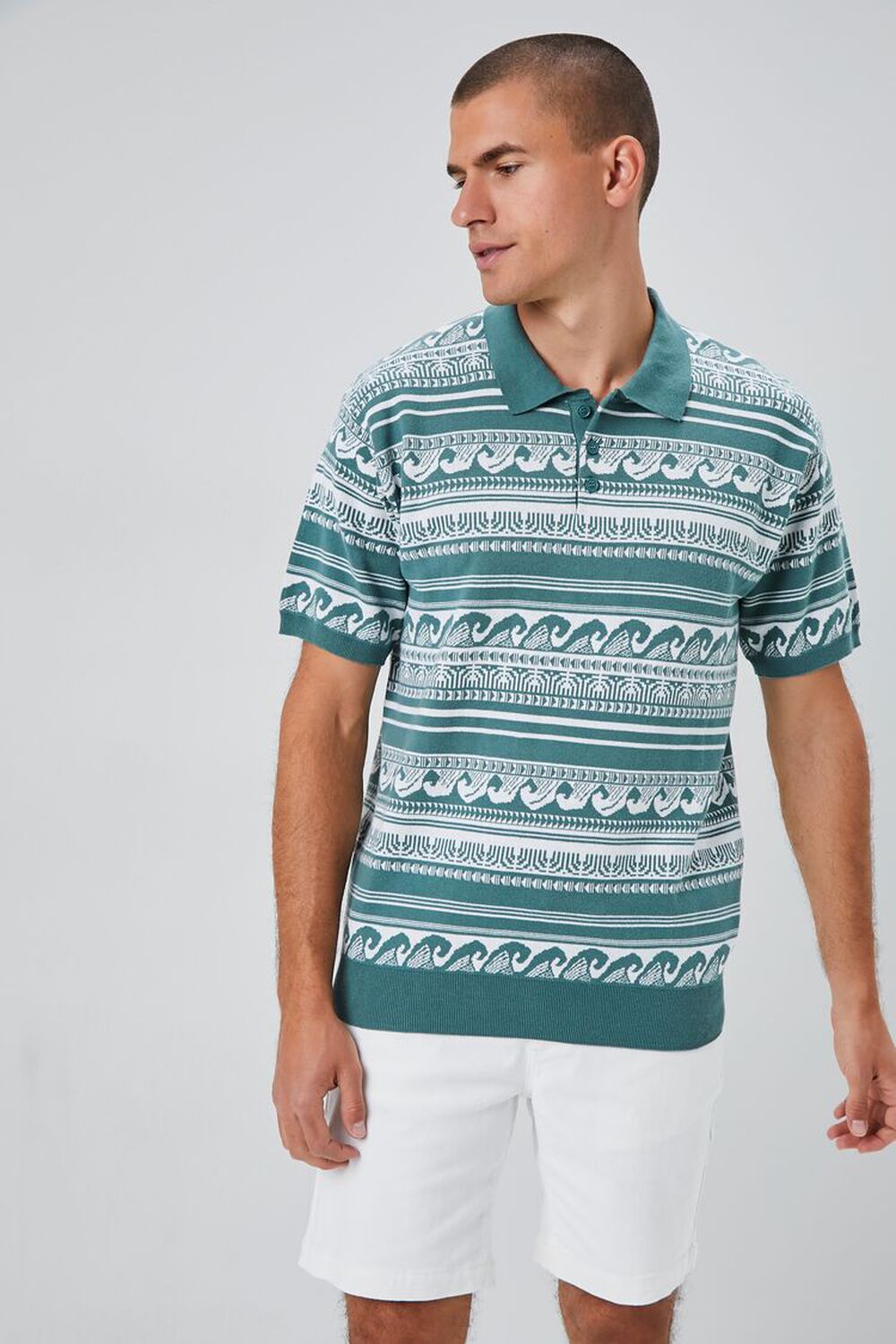 TEAL/WHITE Wave Drop-Sleeve Polo Shirt, image 1