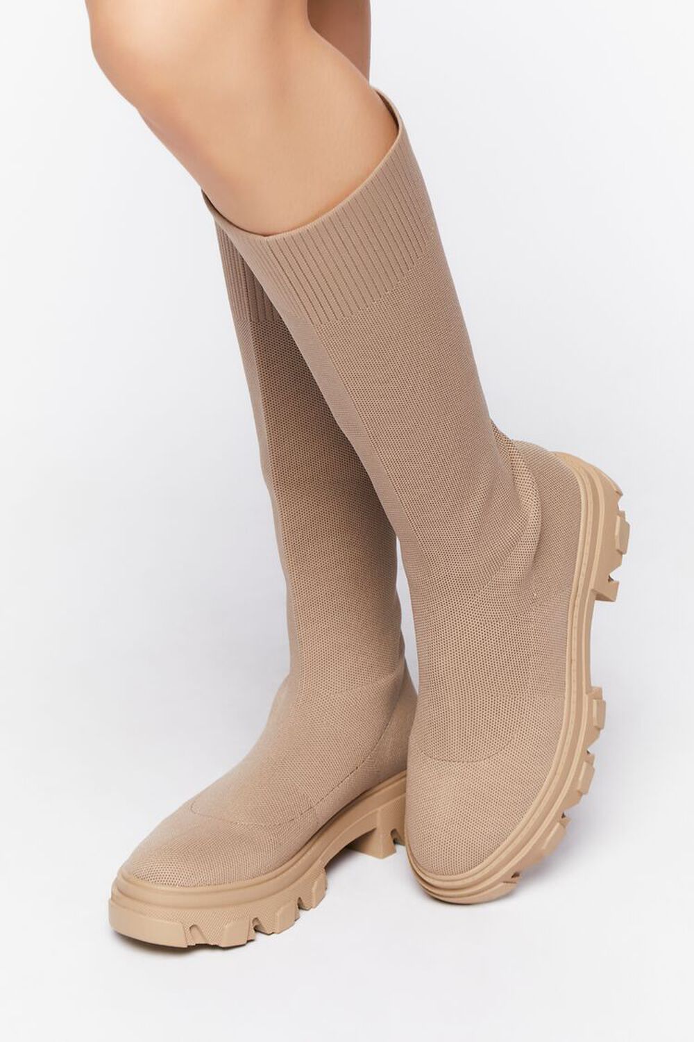 TAUPE Calf-High Lug-Sole Sock Boots, image 1