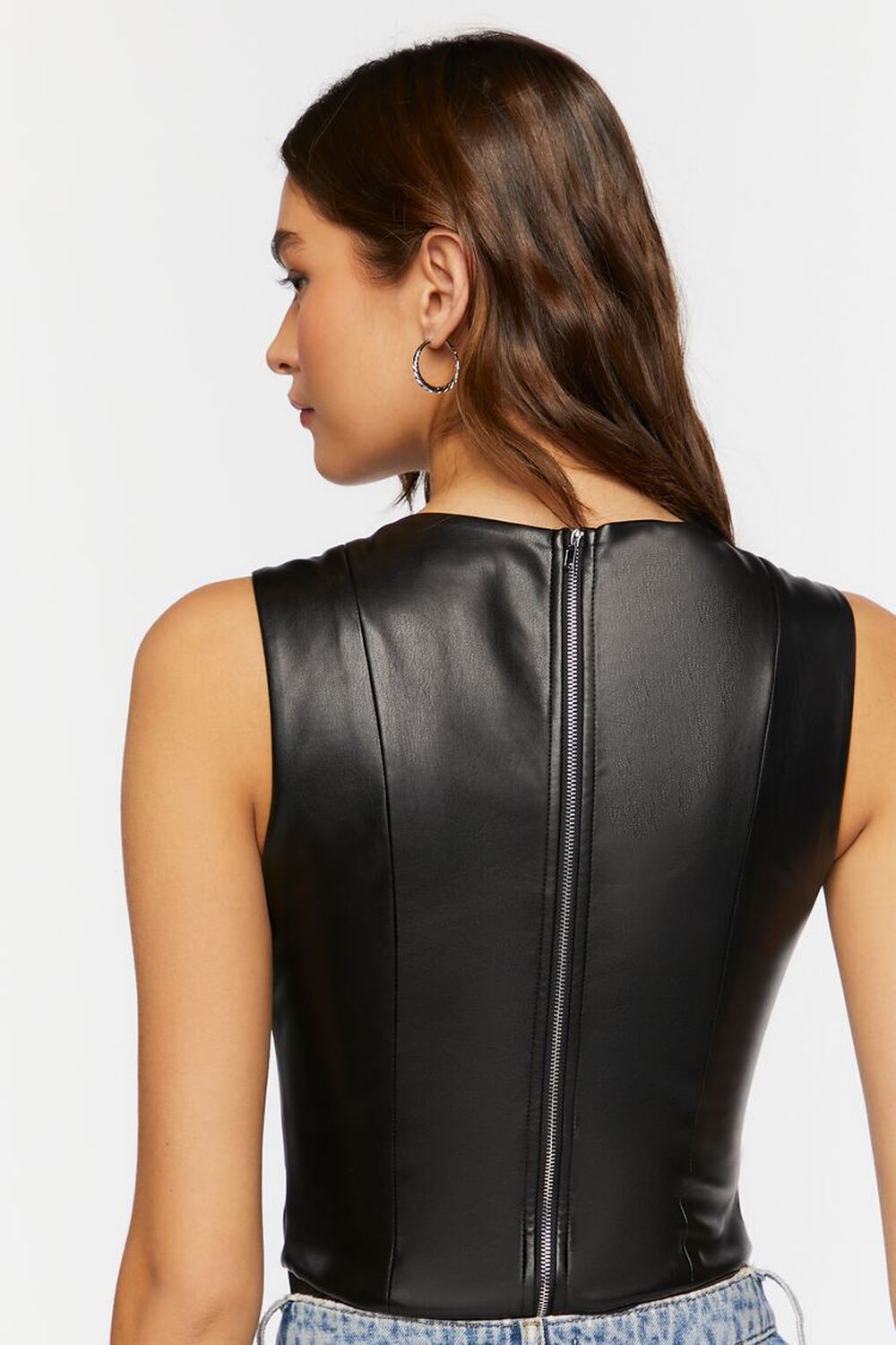 BLACK Faux Leather Sleeveless Bodysuit, image 3