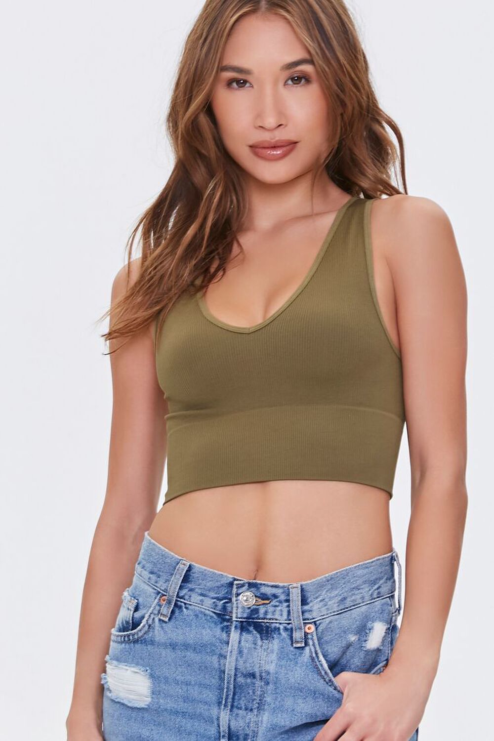 DARK OLIVE Cropped Ribbed Knit Tank Top, image 1