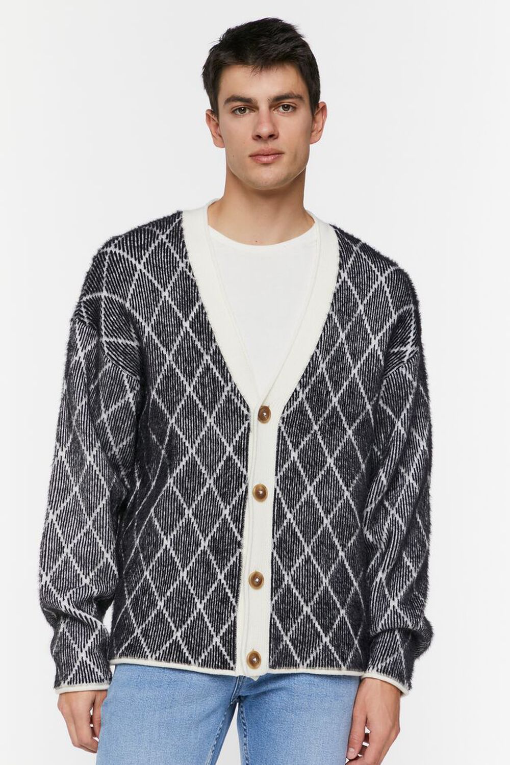 WHITE/BLACK Lattice Grid Cardigan Sweater, image 2