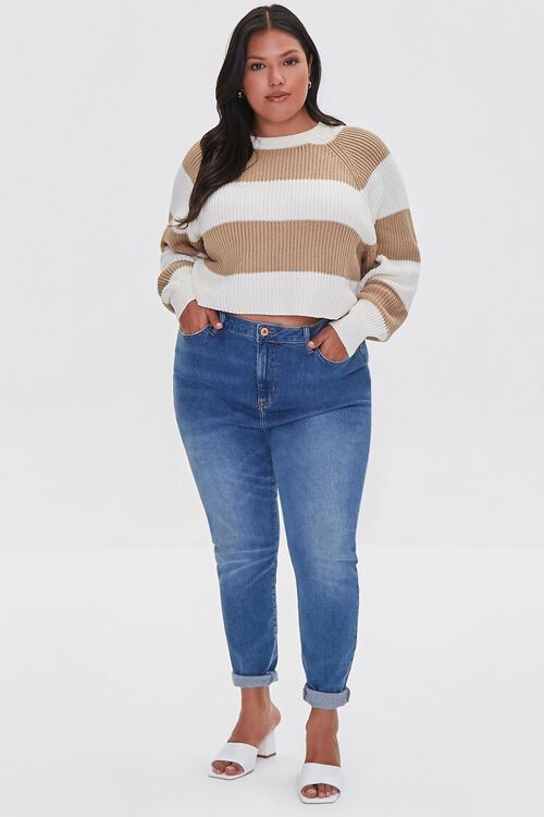 CREAM/TAUPE Plus Size Striped Cropped Sweater, image 4