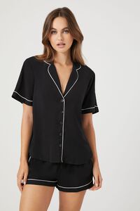 BLACK/WHITE Piped-Trim Shirt & Shorts Pajama Set, image 1