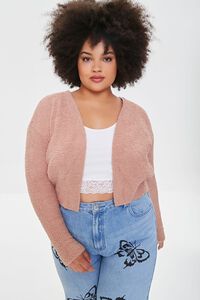 CAMEL Plus Size Fuzzy Knit Cardigan Sweater, image 1