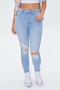 LIGHT DENIM Recycled Cotton Distressed High-Rise Skinny Jeans, image 2