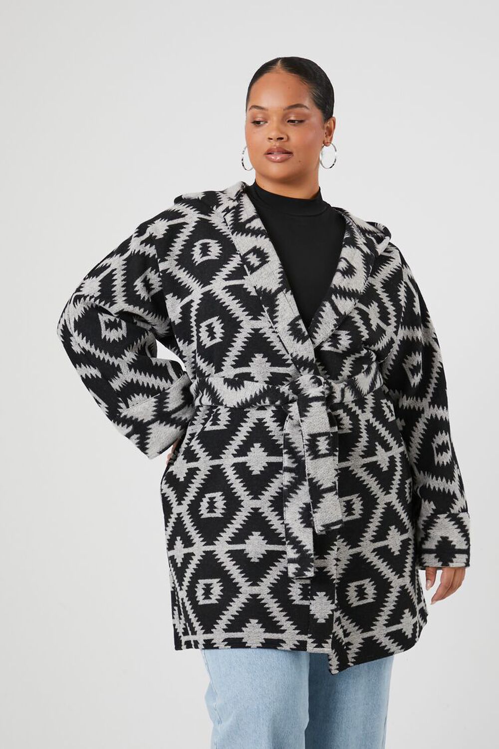 Plus Size Geo Print Hooded Wrap Coat