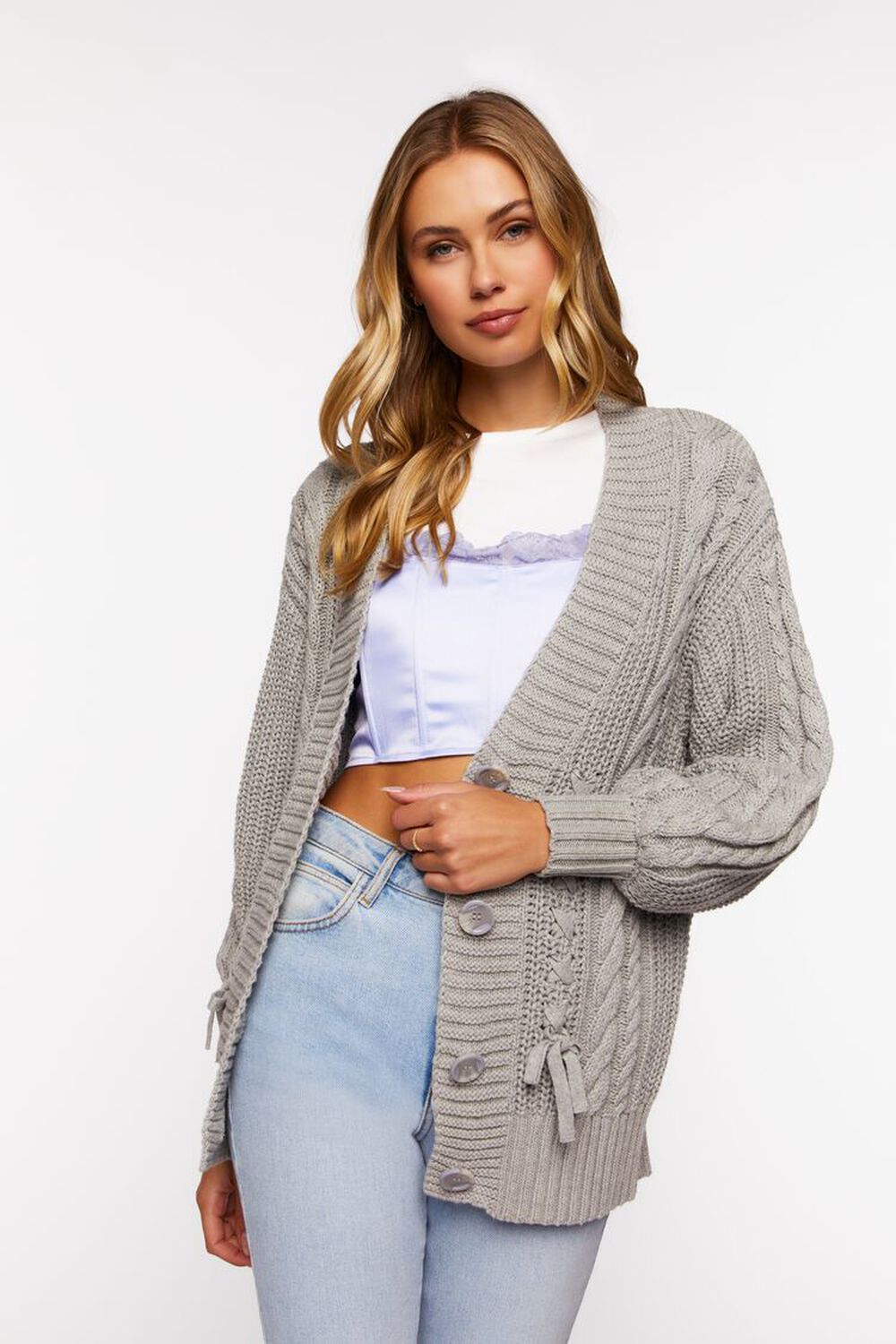 HEATHER GREY Cable Knit Cardigan Sweater, image 1
