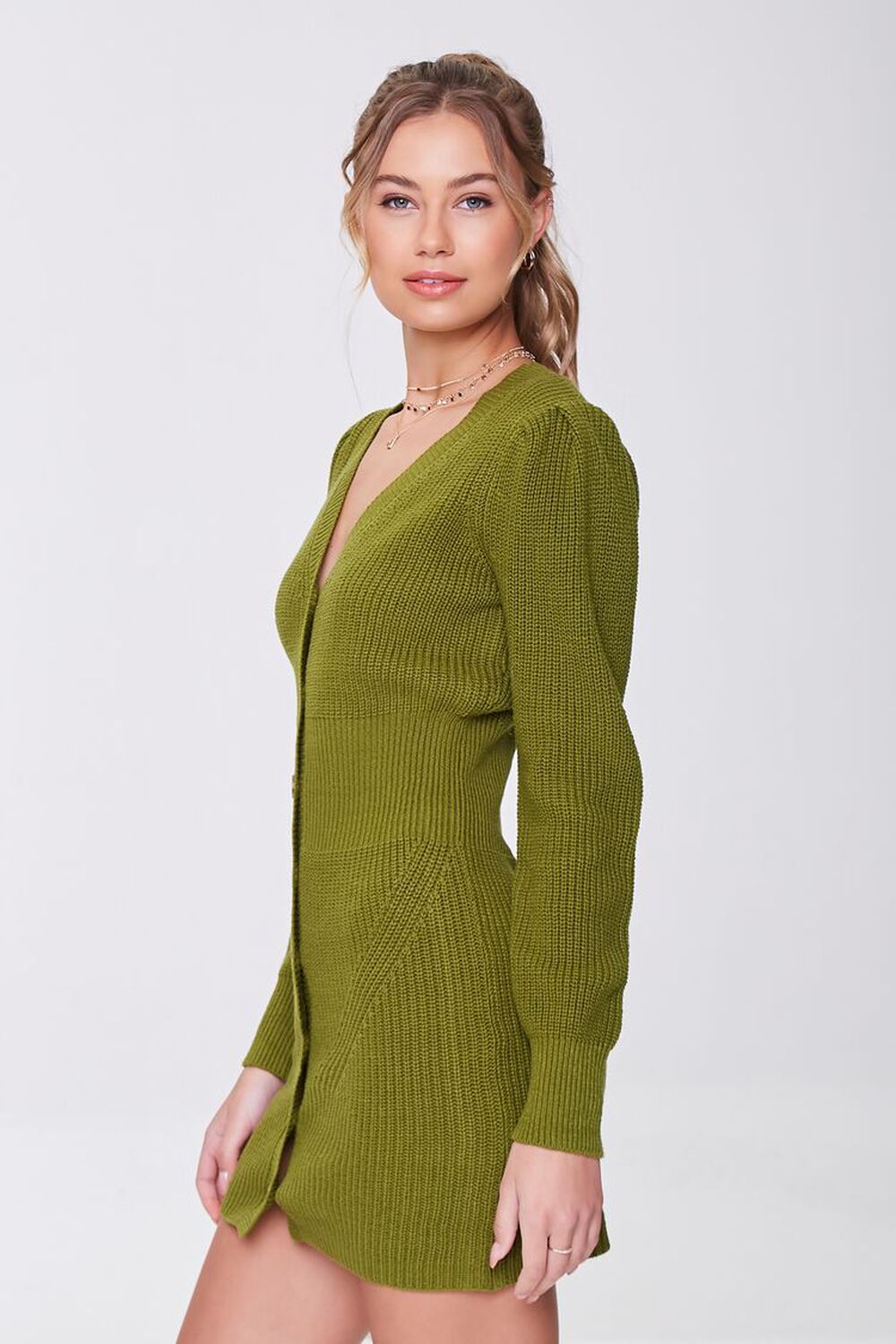 GREEN Ribbed Cardigan Sweater Dress, image 2